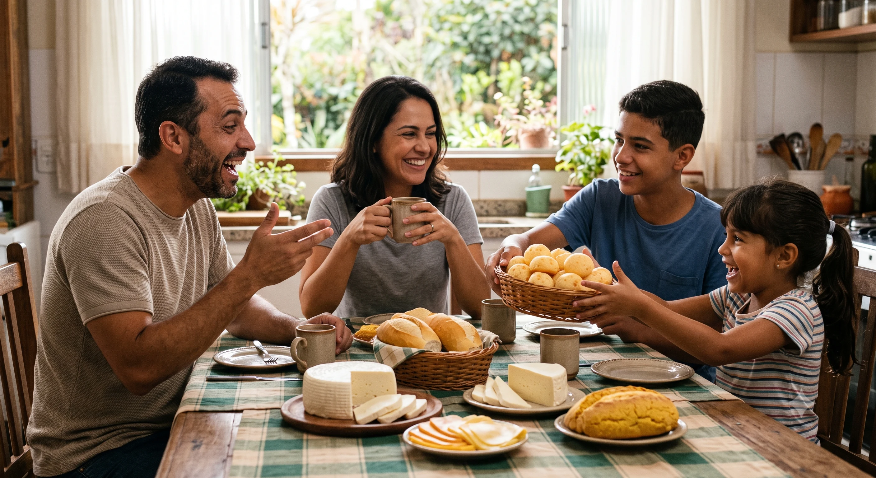 Família reunida à mesa com produtos do Bom Jardim