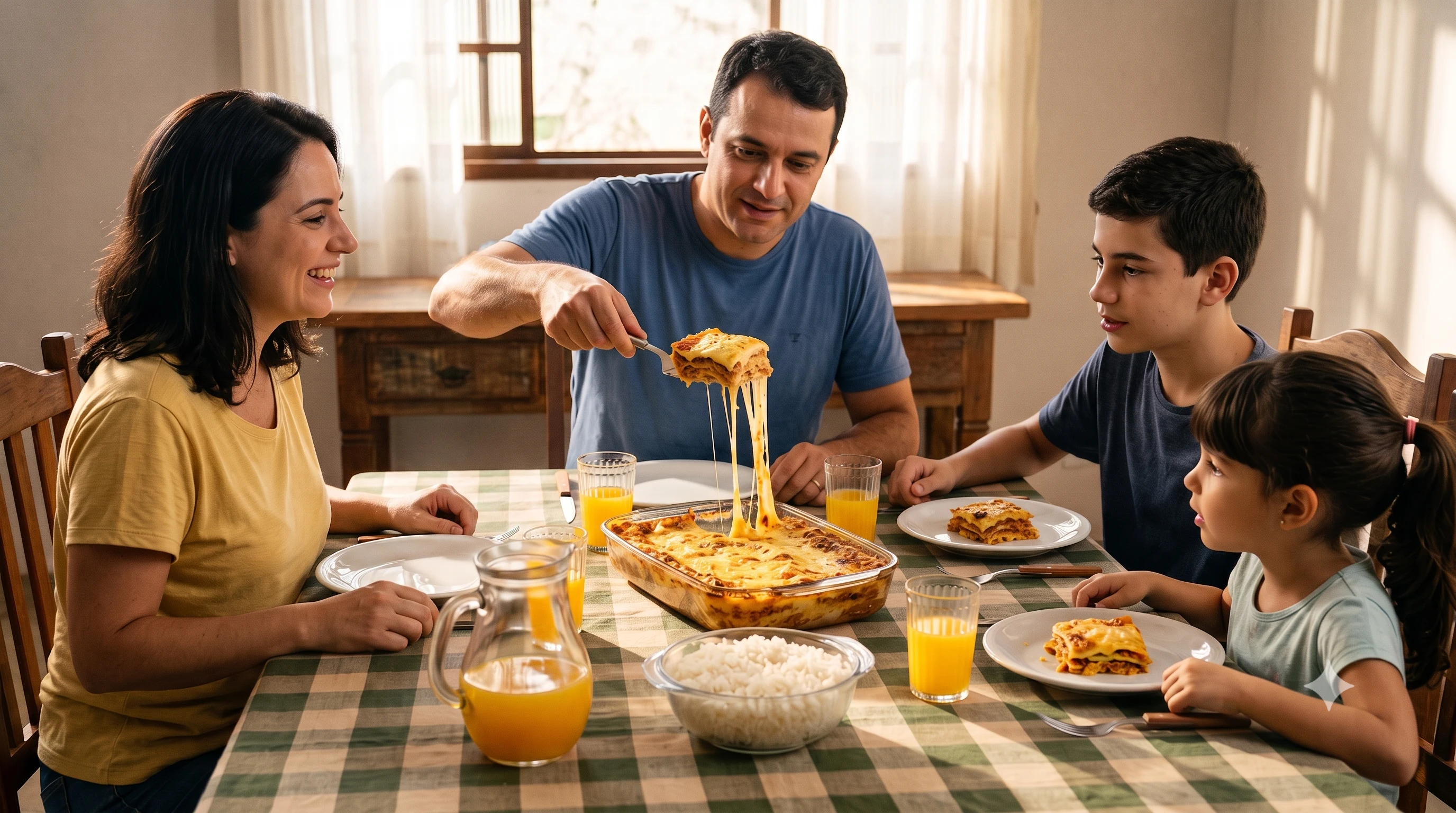 Família compartilhando uma refeição preparada com produtos do Bom Jardim